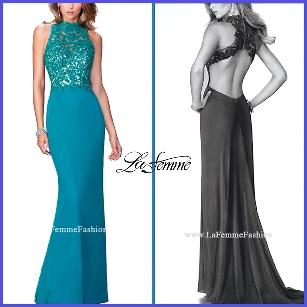 La Femme Teal Open Back Lace Embellished Gown | Dress
